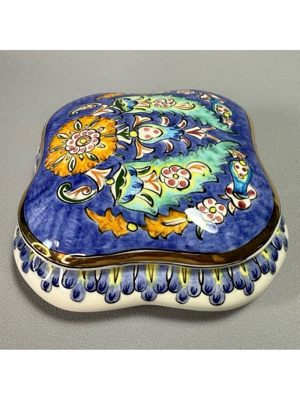 Persian Artist-Signed Square Floral Ceramic Decorative Box